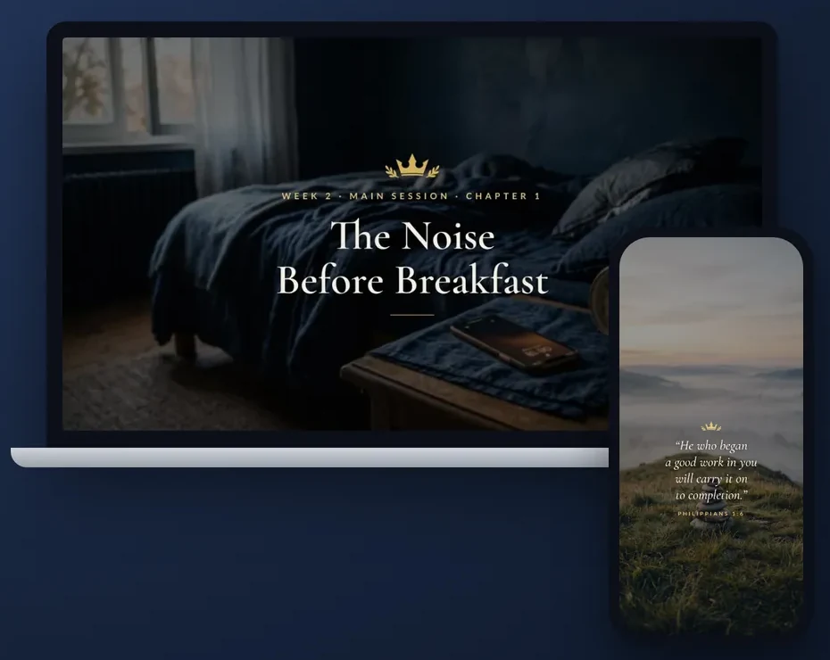A laptop playing a course film titled The Noise Before Breakfast, beside a phone showing a Scripture wallpaper