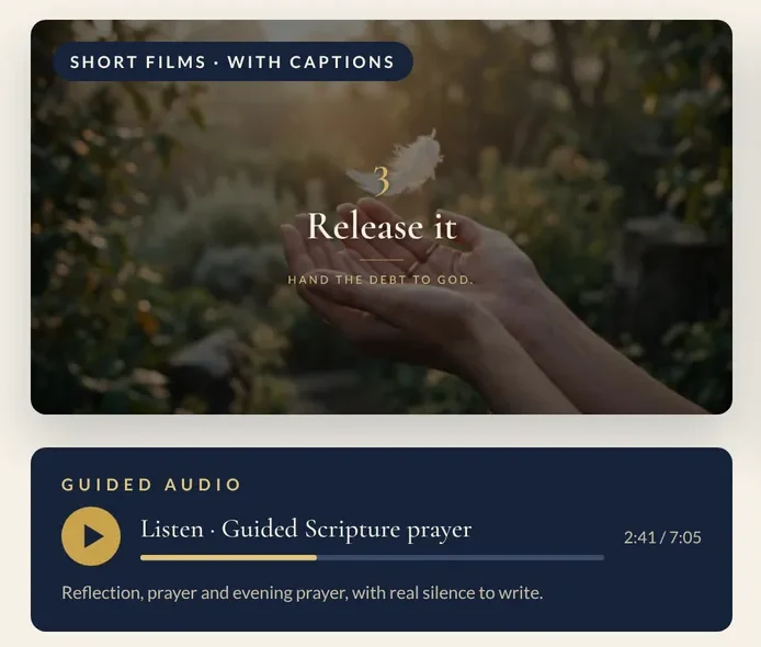 A short film titled Release it, and below it the guided Scripture prayer audio player