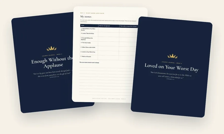 Three weekly course journals, two closed and one open at a written exercise