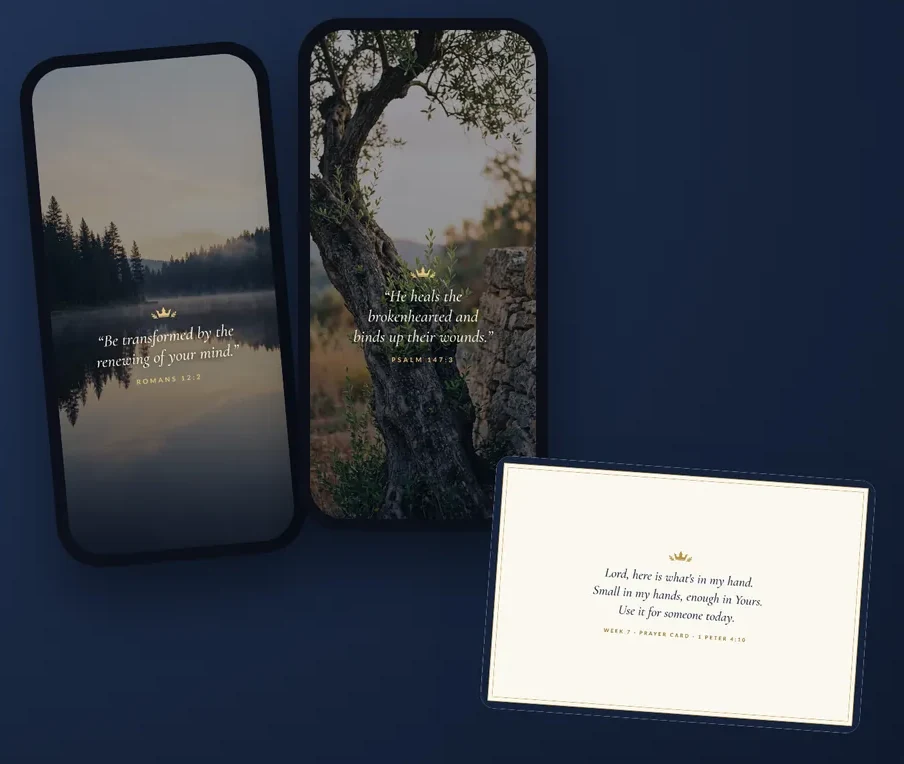 Two phones showing Scripture wallpapers, and a printed prayer card