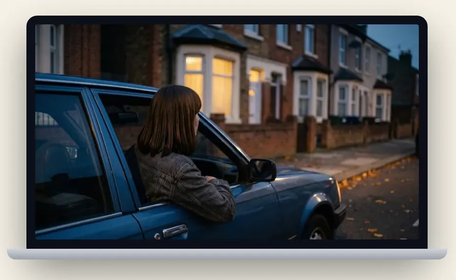 A still from one of the short films: a woman sitting in a parked car on a residential street at dusk